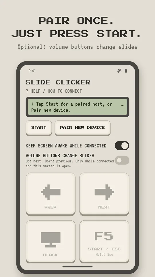 Start, Pair new device, and the screen-awake and volume-button options.